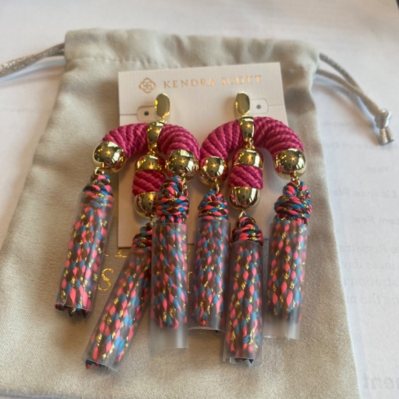 REG $150 GORGEOUS BRAIDED CORD STATEMENT EARRINGS WITH TASSELS - GOLD PINK MIX - Picture 3 of 7